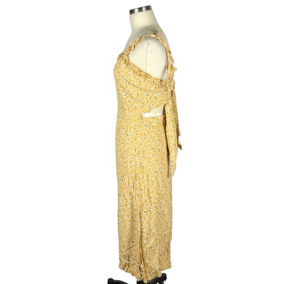 SKYLAR + MADISON Dress Yellow Floral Pattern Midi Dress Tie Back Ruffles Boho M - Picture 2 of 6